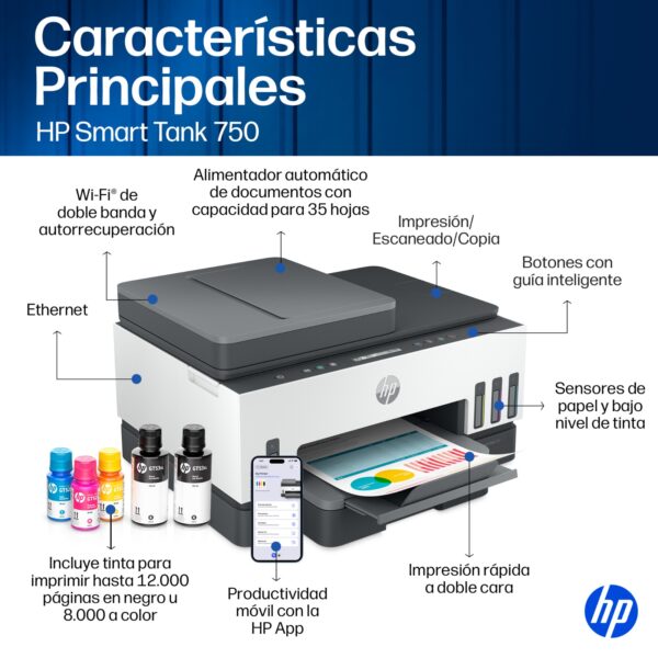 CARACTERISTICAS FALA Hp 750 Multifuncional WiFi, ADF, Bluetooth Duplex Smart Tank