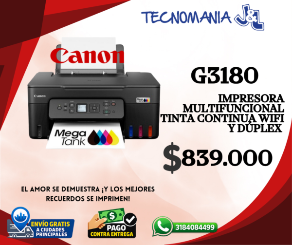 G3180 Canon G3180 Multifuncional amplia y reduce WiFi CON TINTA