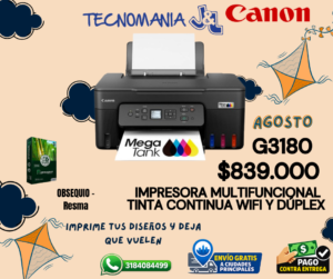 Canon G3180 Multifuncional amplia y reduce WiFi CON TINTA