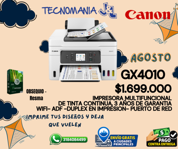 GX4010 Canon Maxify GX4010 Multifuncional WiFi ADF Duplex en impresión y puerto de Red